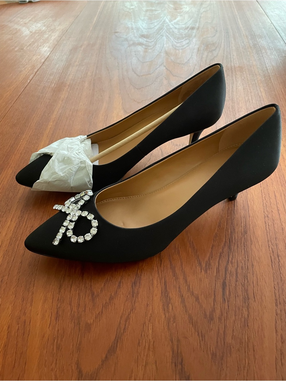 J. Crew Black Satin Pointed-Toe Kitten Heels with Crystal Bow Accent